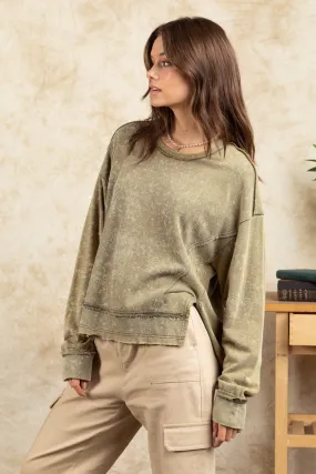 Olive Green Vintage Mineral Washed Solid Casual Knit Top