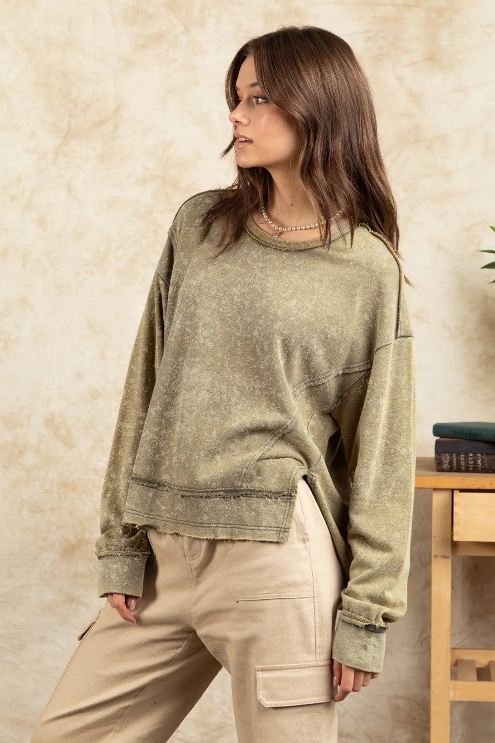 Olive Green Vintage Mineral Washed Solid Casual Knit Top