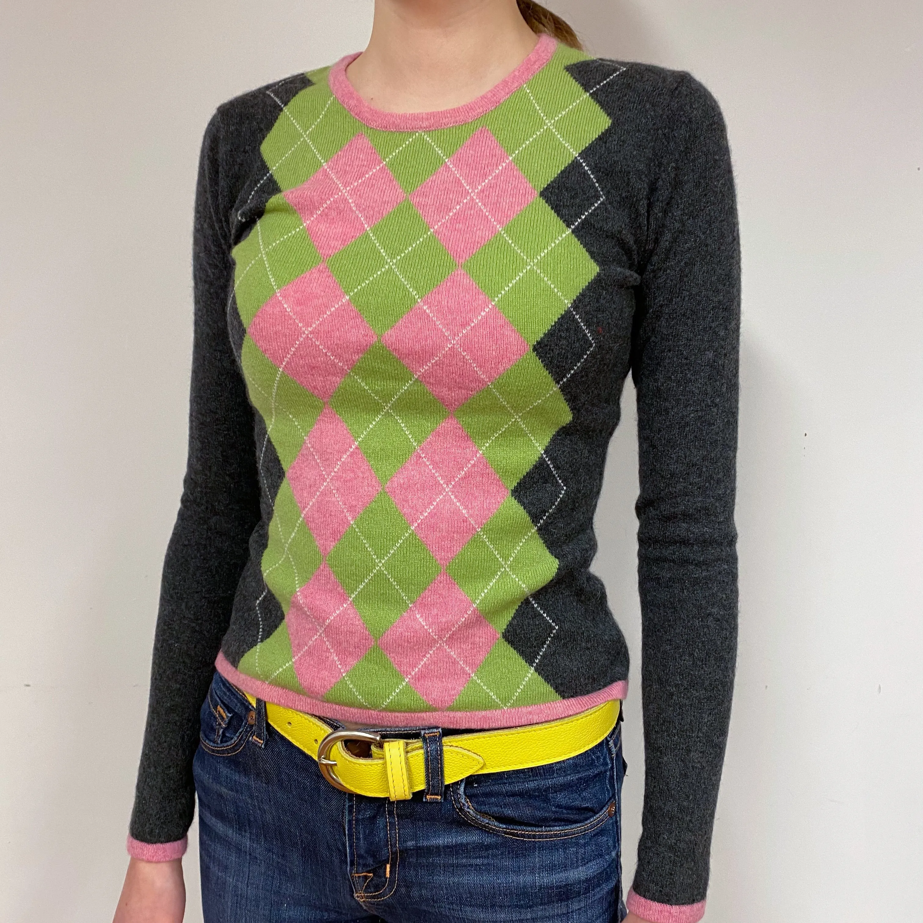 Pear Green Diamond Cashmere Crew Neck Jumper Extra Small