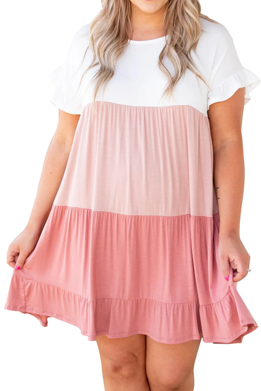 Pink Colorblock Tiered Ruffled Plus Size Dress
