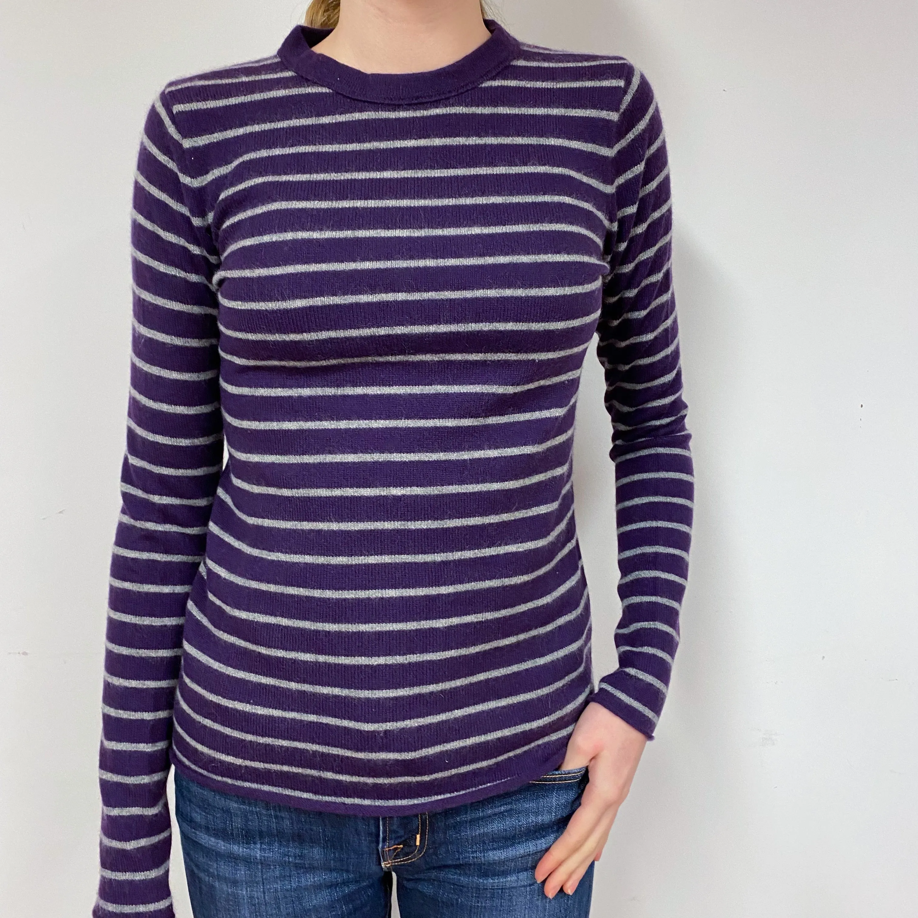 Purple Grey Stripe Cashmere Crew Neck Jumper Extra Small