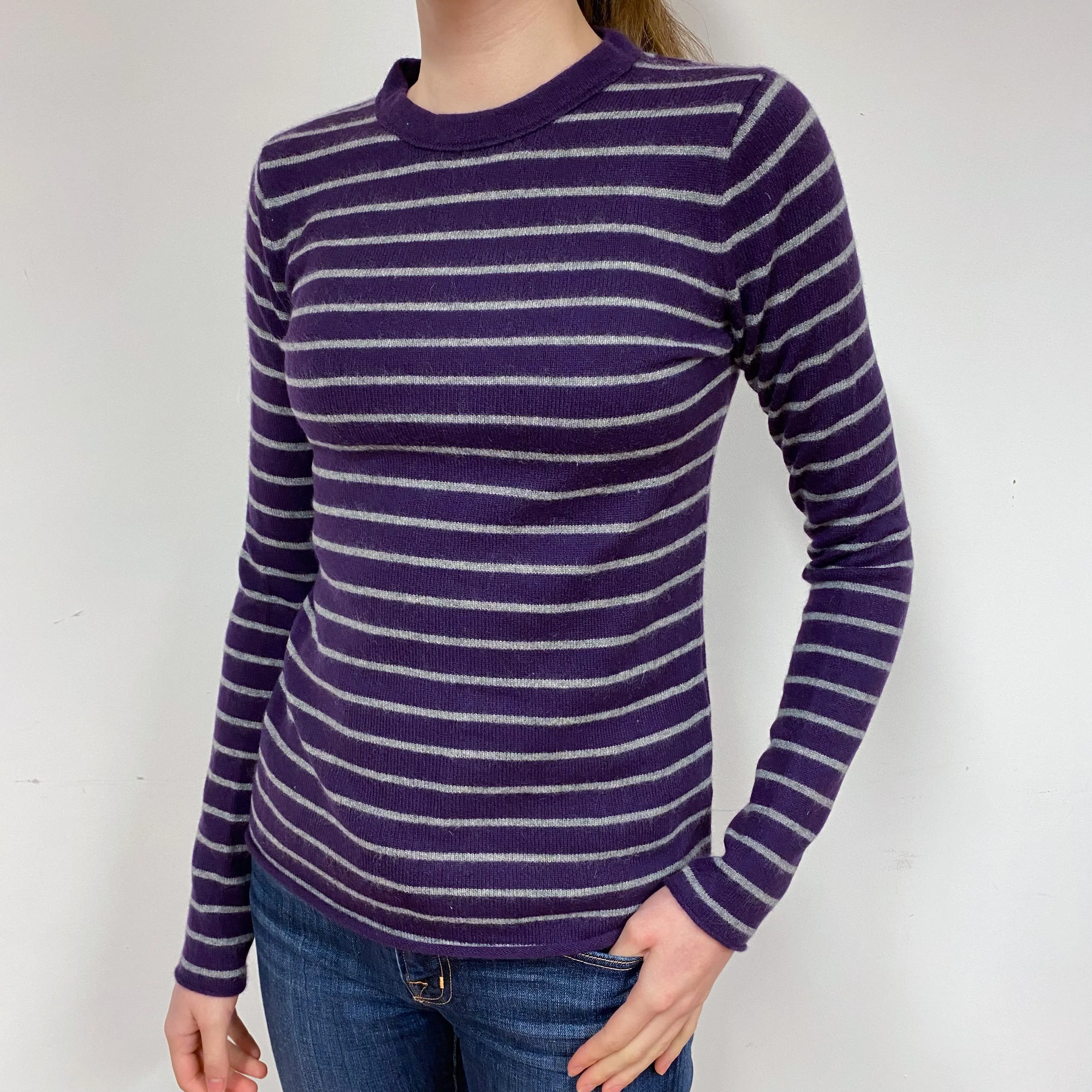 Purple Grey Stripe Cashmere Crew Neck Jumper Extra Small