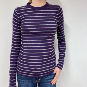 Purple Grey Stripe Cashmere Crew Neck Jumper Extra Small