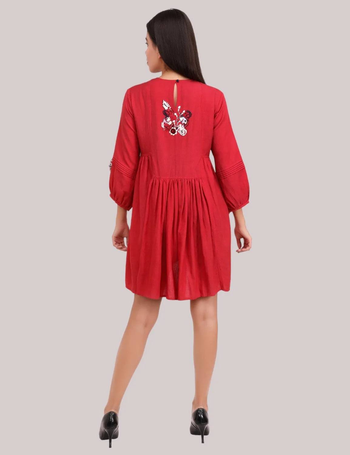 Red cotton linen embroidered Dress