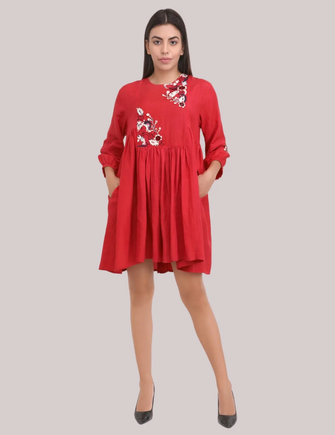 Red cotton linen embroidered Dress