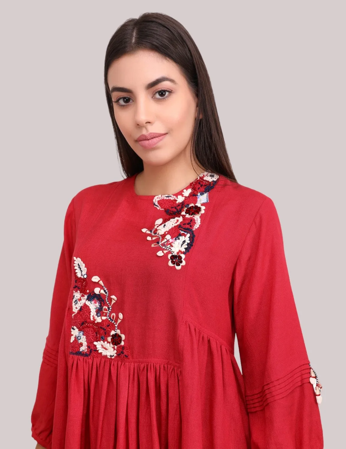 Red cotton linen embroidered Dress