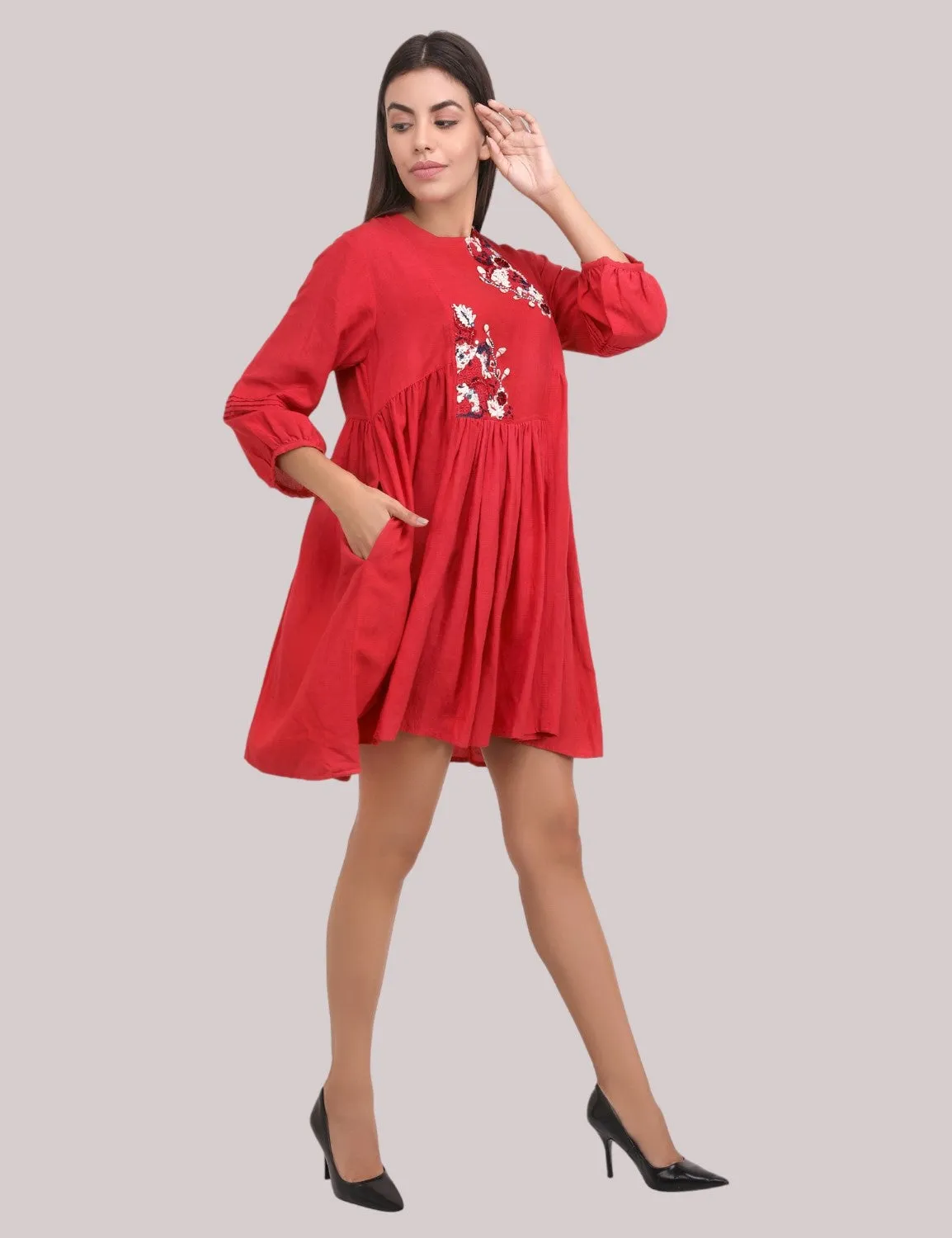 Red cotton linen embroidered Dress