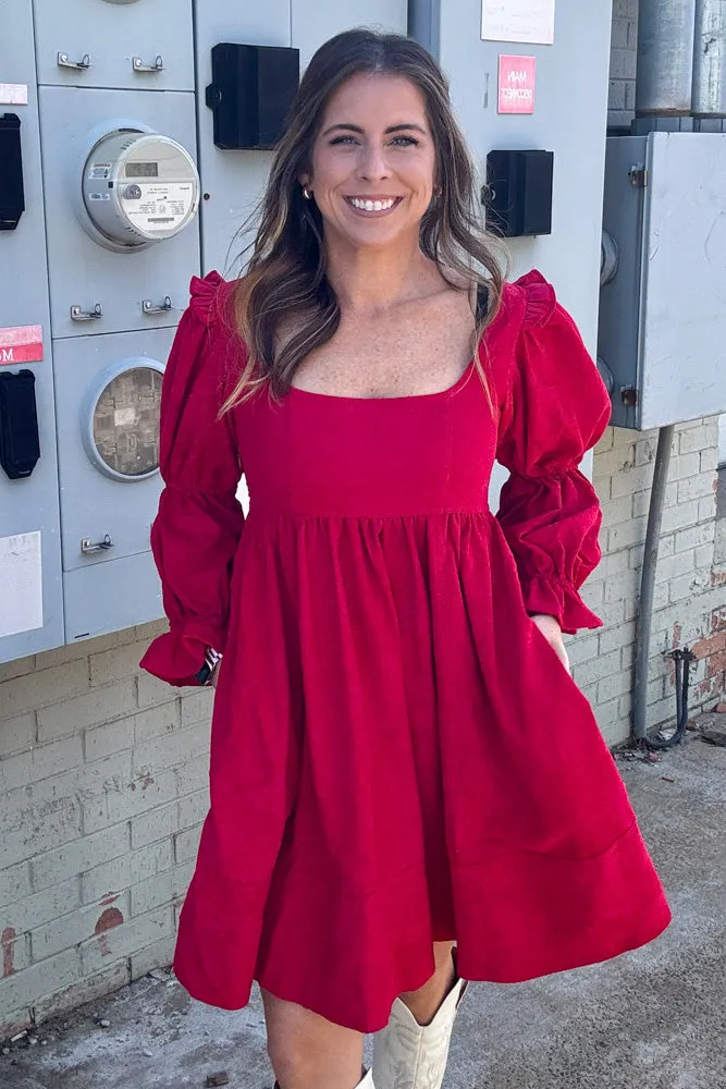 SALE-THML-Corduroy Baby Doll Dress-Red