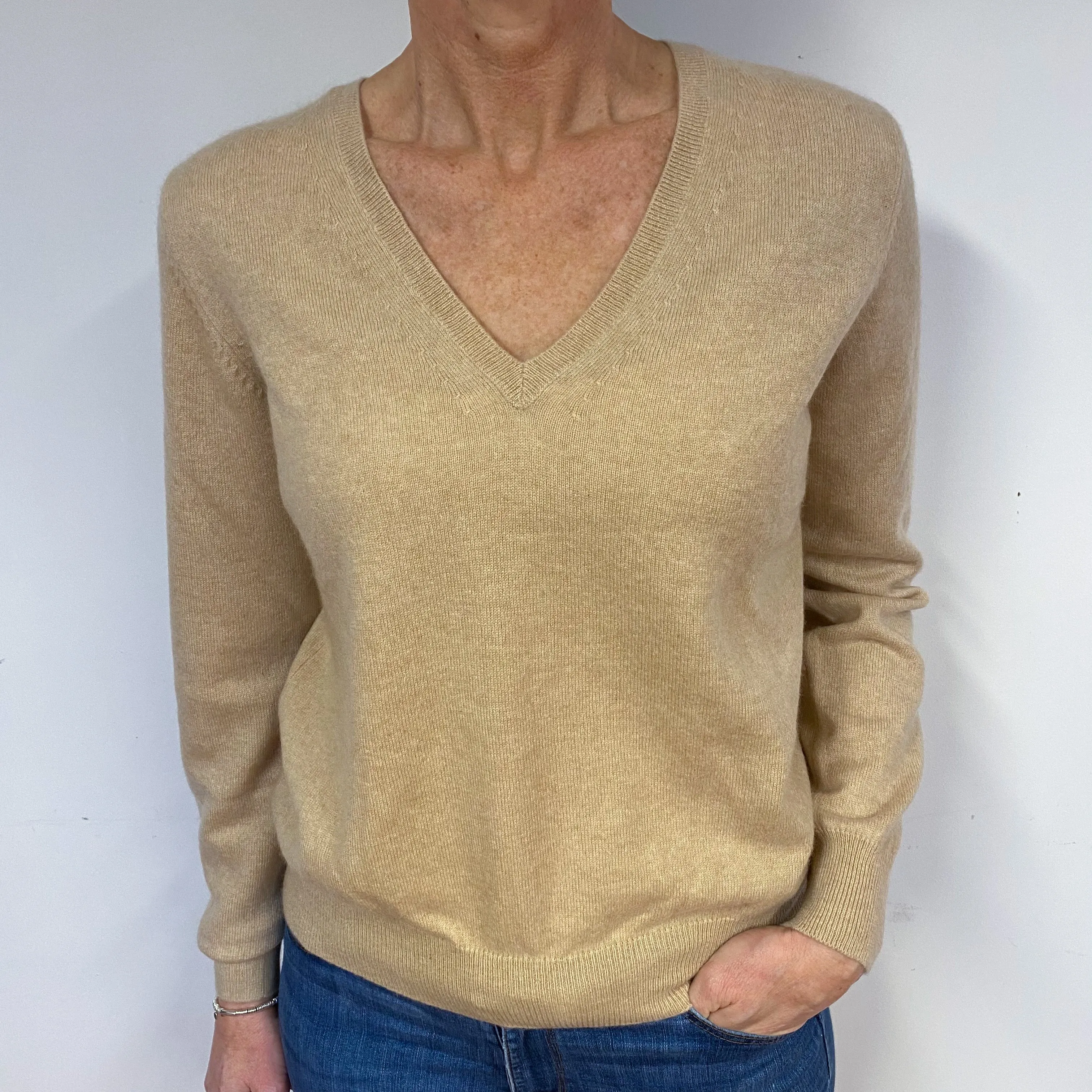 Sand Beige Cashmere V-Neck Jumper Medium