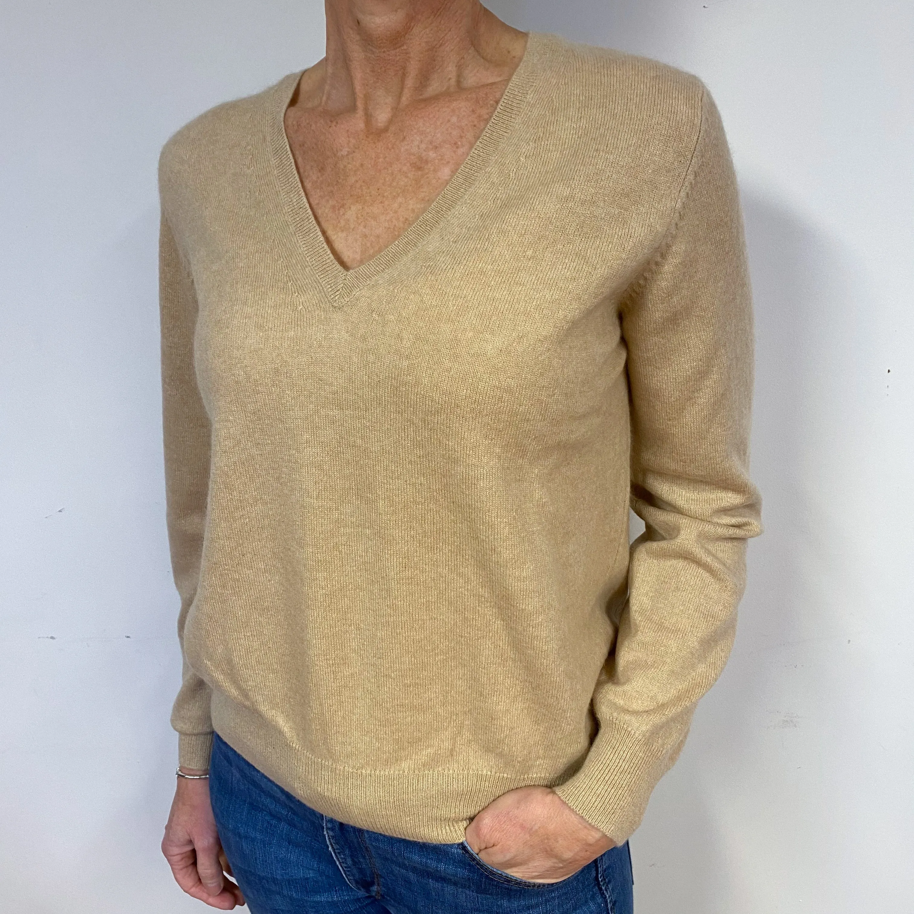 Sand Beige Cashmere V-Neck Jumper Medium