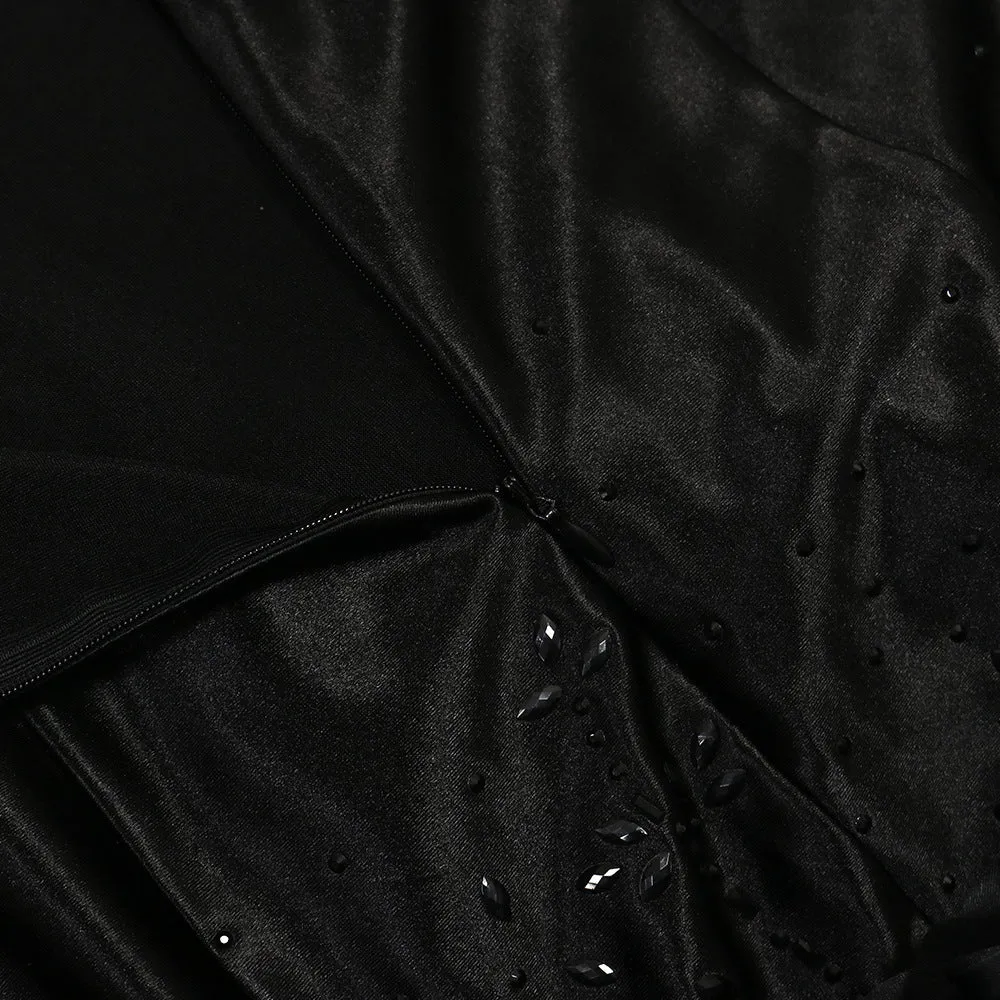 Sexy Black Rhinestone Sheath Floral Mesh Patchwork Evening Dress