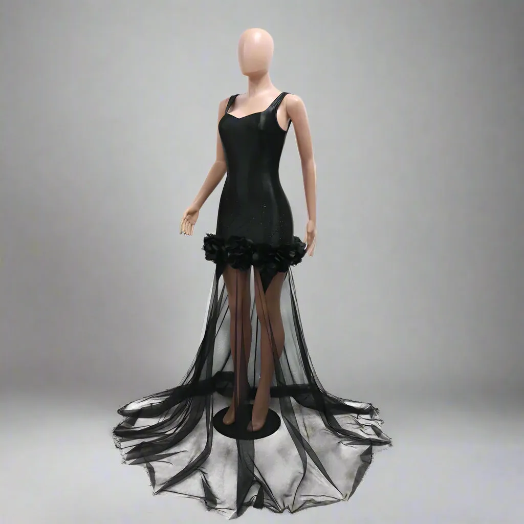 Sexy Black Rhinestone Sheath Floral Mesh Patchwork Evening Dress