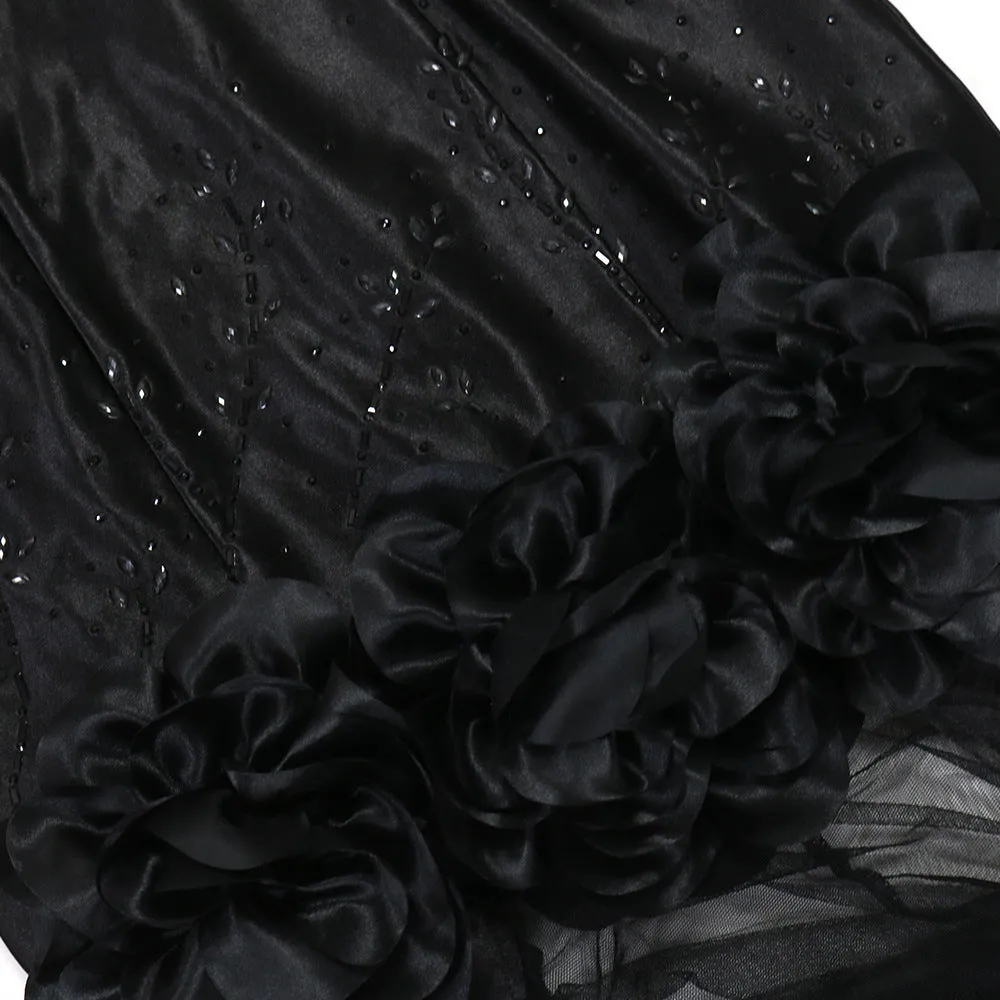 Sexy Black Rhinestone Sheath Floral Mesh Patchwork Evening Dress