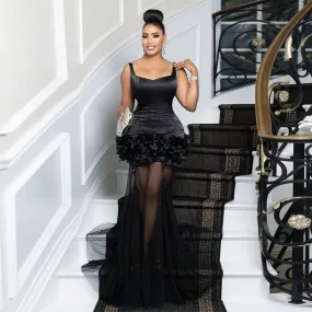 Sexy Black Rhinestone Sheath Floral Mesh Patchwork Evening Dress