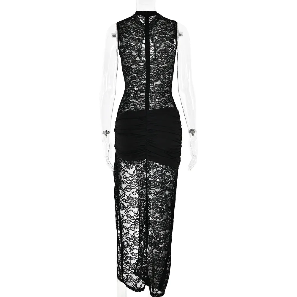Sexy Lace Hollow Out High Slit Black See Through Evening Dress
