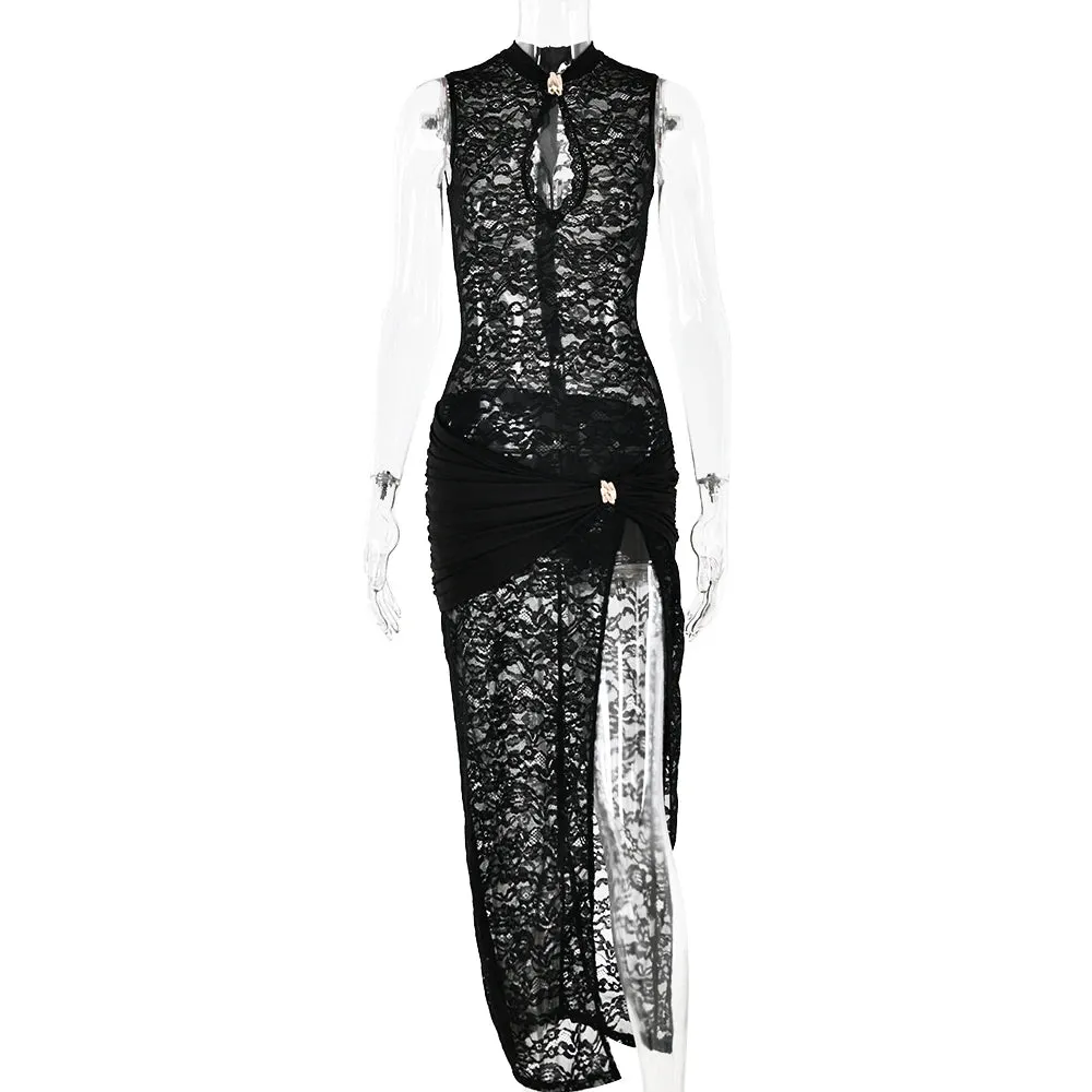 Sexy Lace Hollow Out High Slit Black See Through Evening Dress