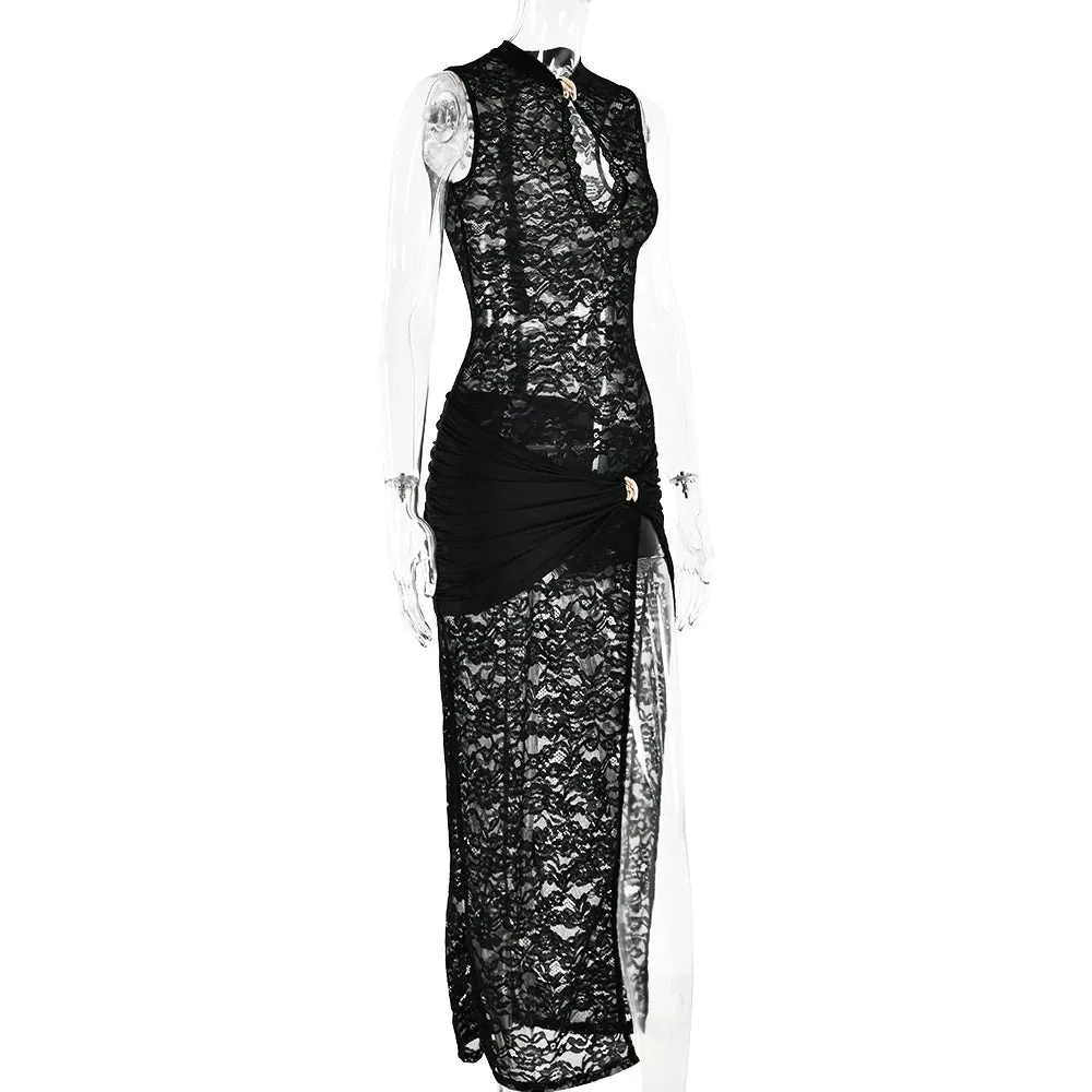 Sexy Lace Hollow Out High Slit Black See Through Evening Dress