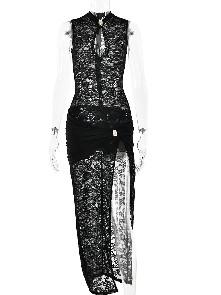 Sexy Lace Hollow Out High Slit Black See Through Evening Dress