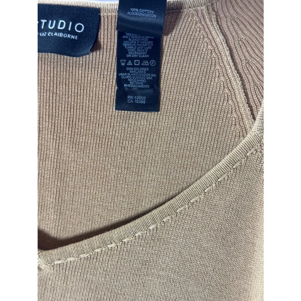 STUDIO BY LIZ CLAIBORNE Women's Tan V-Neck Knit Long Sleeve Pullover Top SZ M