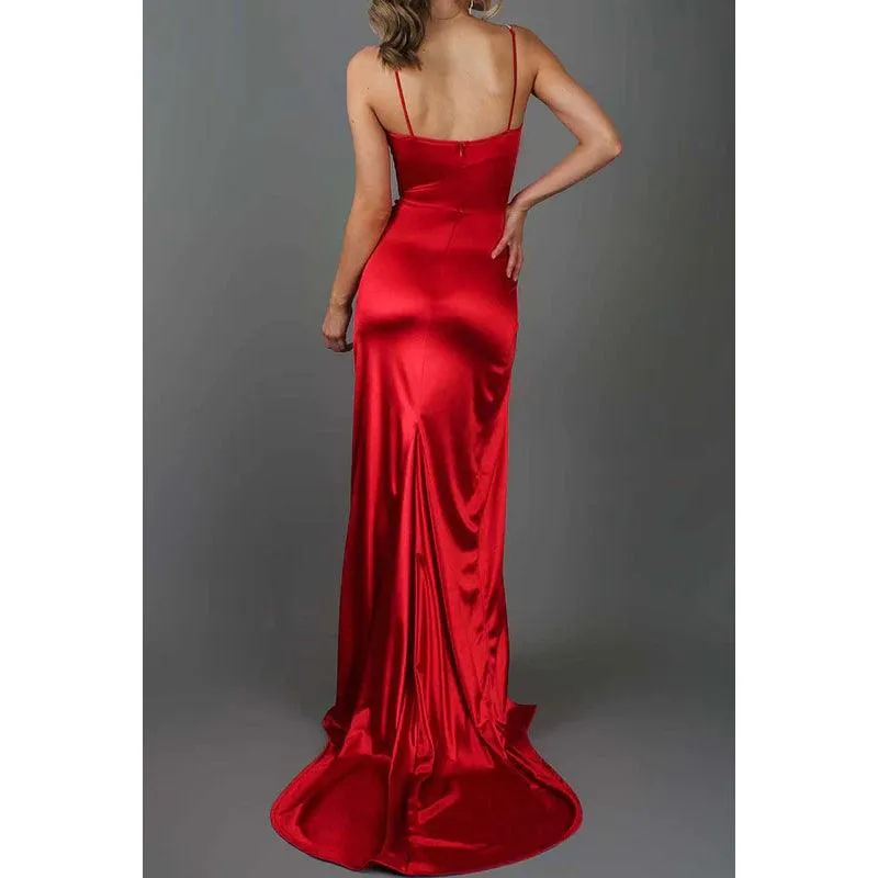 Sweetheart Spaghetti Straps Satin Sheath Long Prom Gown With Slit
