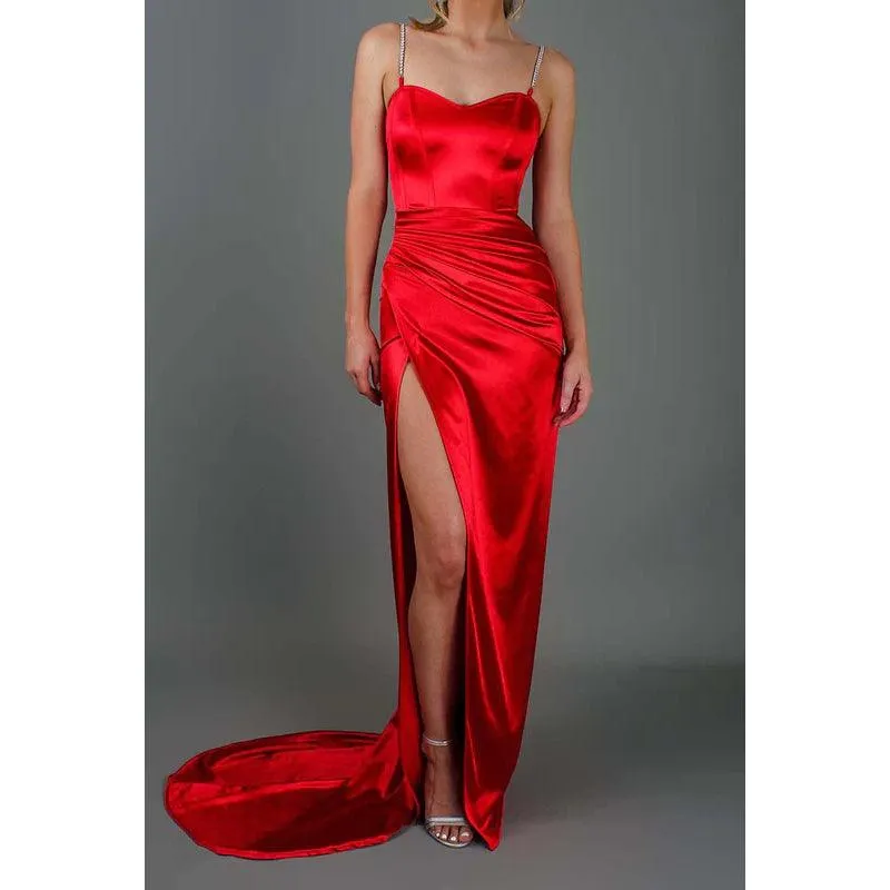 Sweetheart Spaghetti Straps Satin Sheath Long Prom Gown With Slit