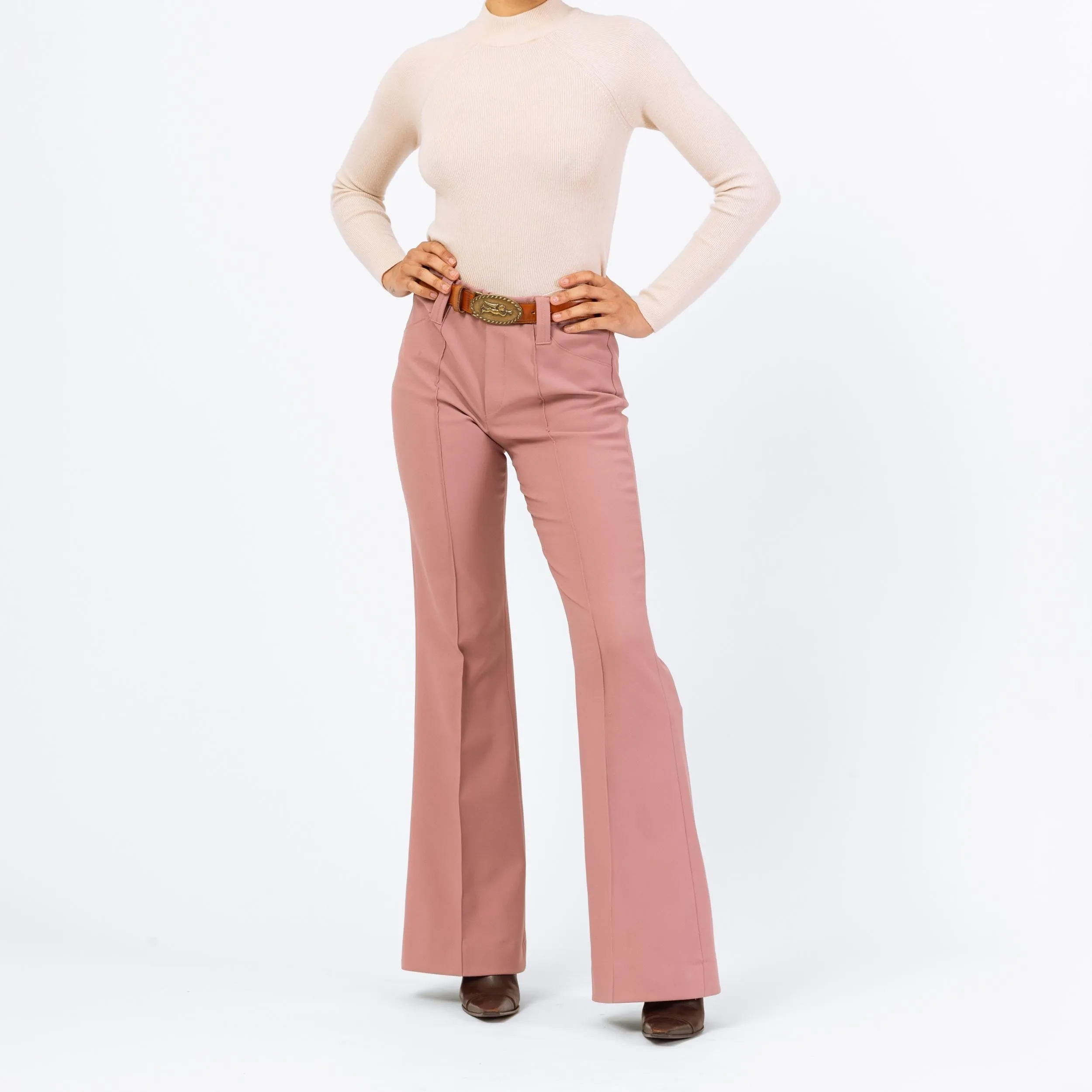 Vintage 70s Dusty Rose Pink Flared Western Pants - Small