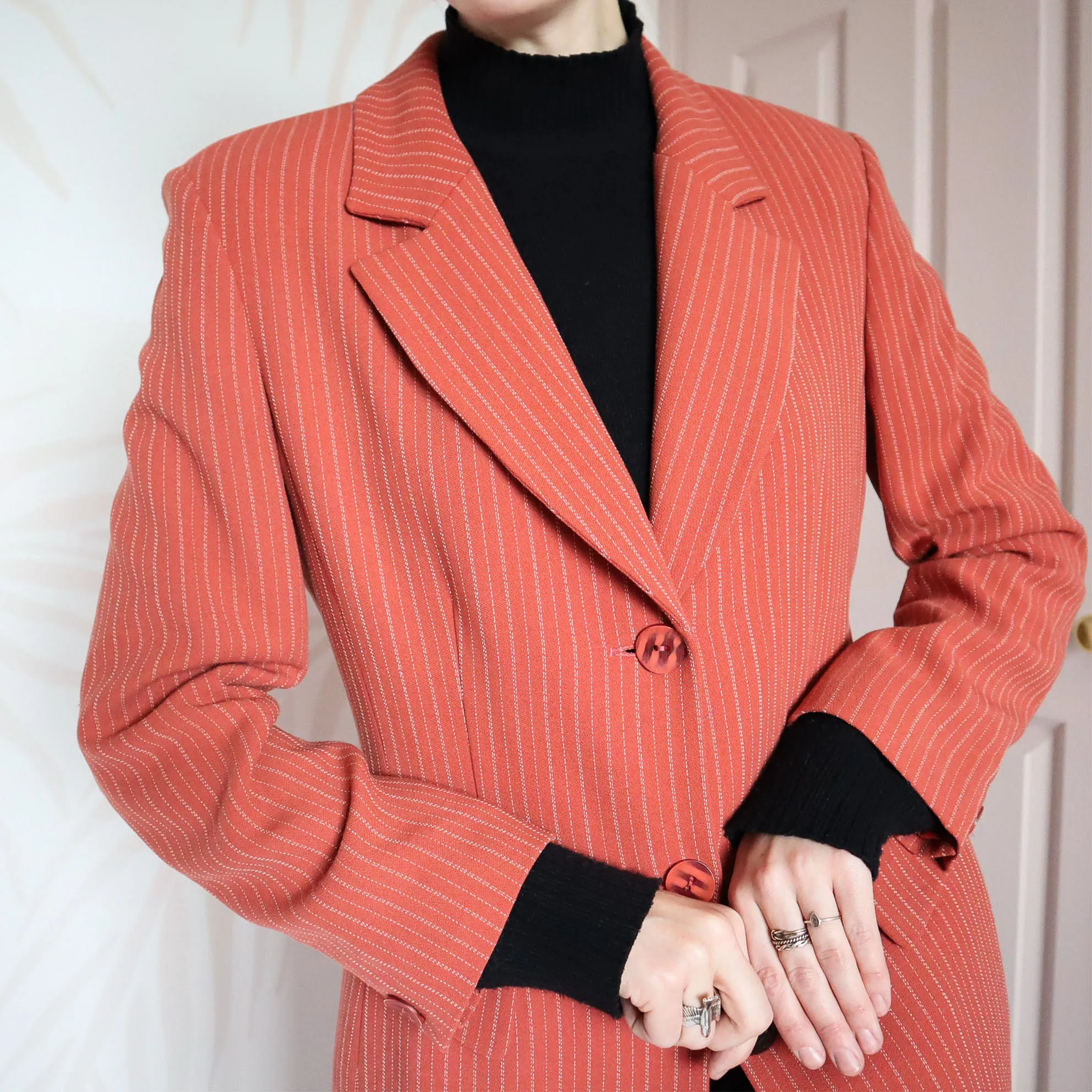 Vintage dusky orange pinstripe long blazer UK 12