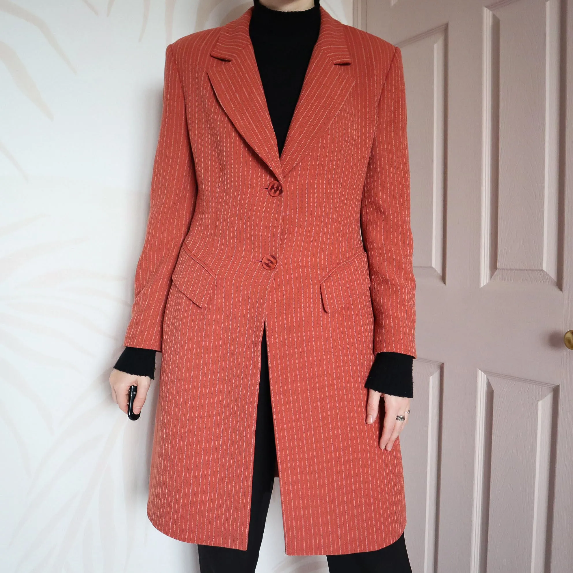 Vintage dusky orange pinstripe long blazer UK 12