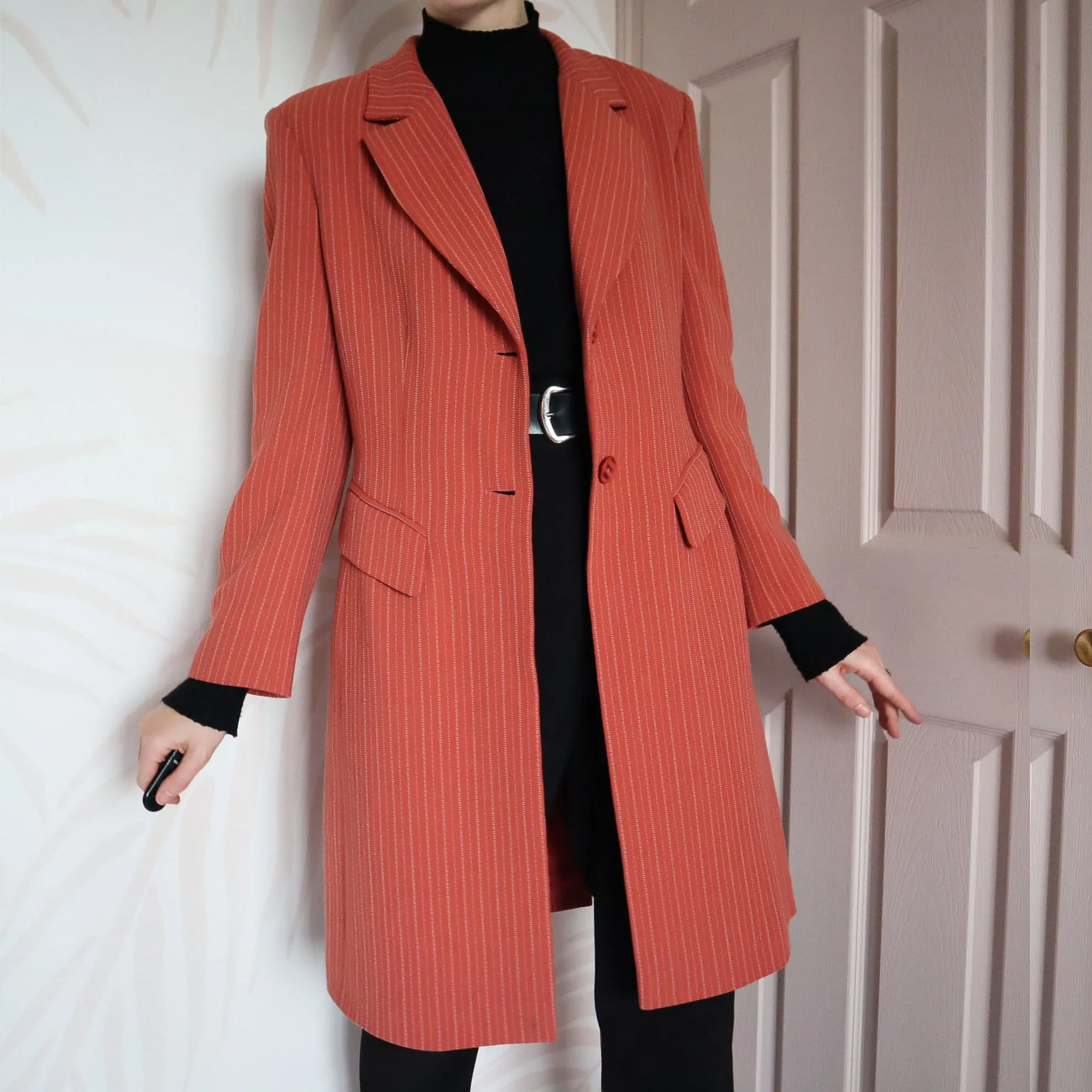 Vintage dusky orange pinstripe long blazer UK 12