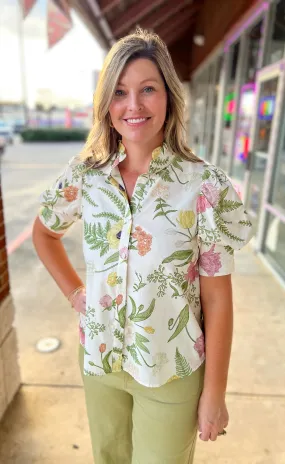 Way Back When Cream Floral Button Down Top