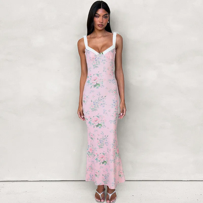 Whitney Pink Print Backless Sexy Maxi Dress