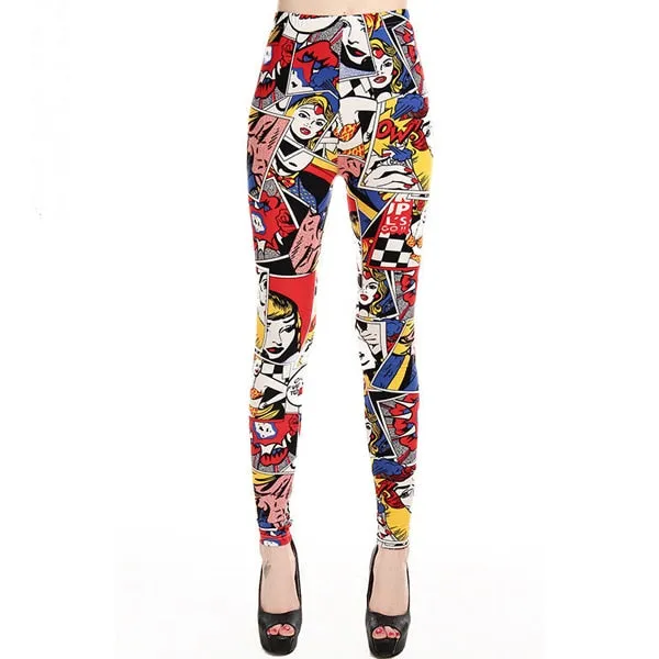 Women High Waist Cartoon Comic Print Leggings