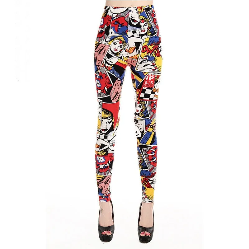 Women High Waist Cartoon Comic Print Leggings
