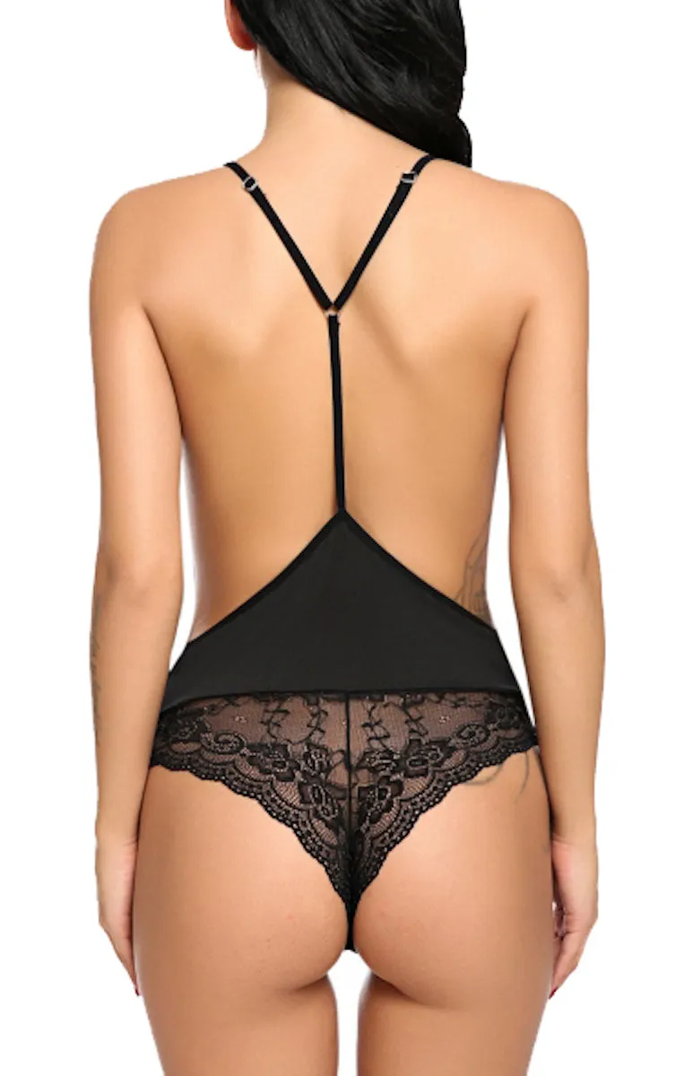 Xs and Os Deep V Neck Backless Lace Bodysuit Babydoll Nightwear Lingerie
