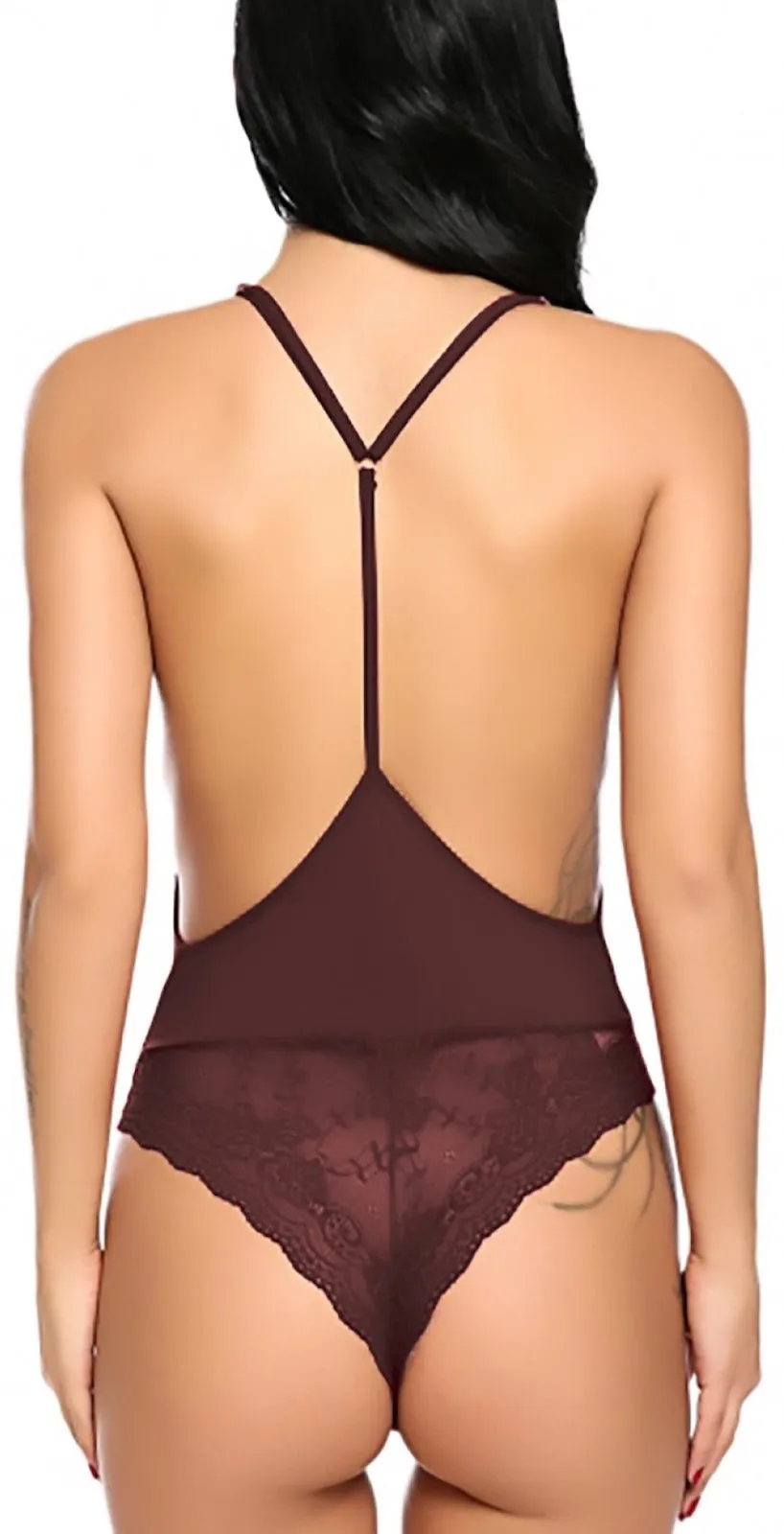 Xs and Os Deep V Neck Backless Lace Bodysuit Babydoll Nightwear Lingerie