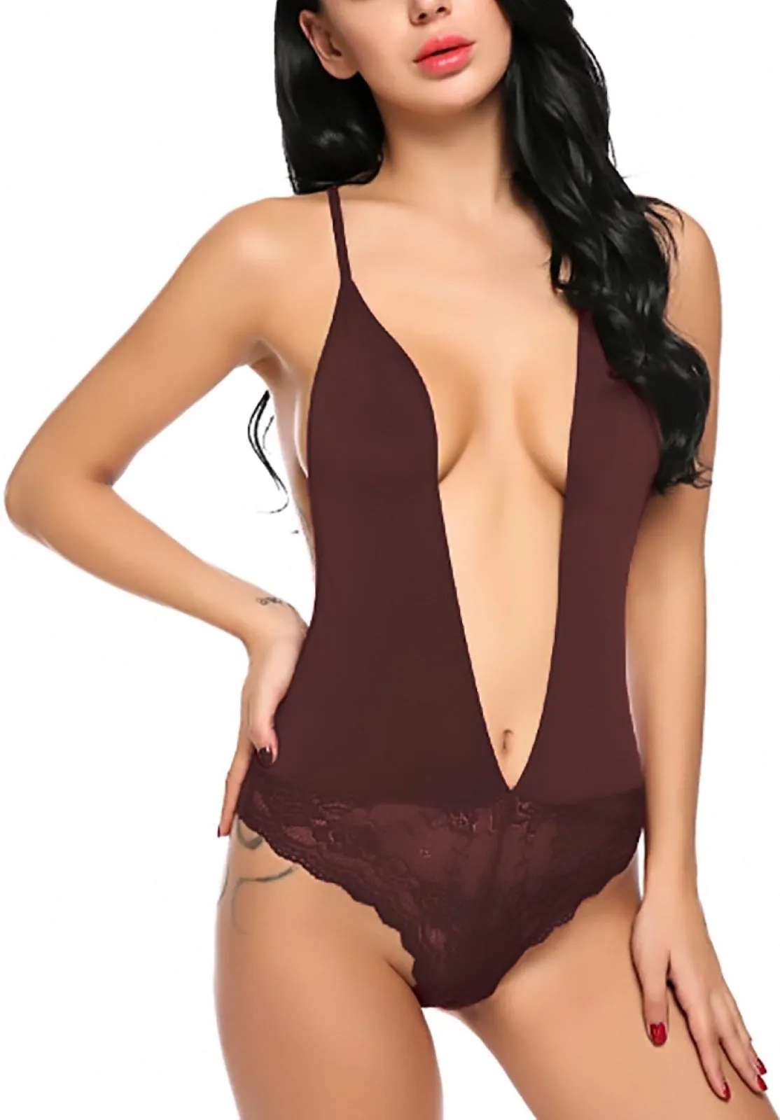 Xs and Os Deep V Neck Backless Lace Bodysuit Babydoll Nightwear Lingerie